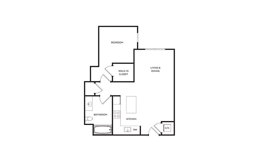 B7 - 1 bedroom floorplan layout with 1 bath and 727 square feet.