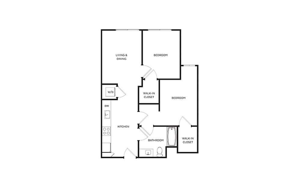 C2 - 2 bedroom floorplan layout with 1 bath and 789 to 802 square feet.